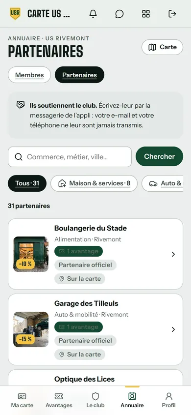 Appli de l’US Rivemont, côté membre : l’annuaire des 31 partenaires du club, la Boulangerie du Stade et le Garage des Tilleuls en tête avec leur avantage, et l’encart qui précise que votre e-mail et votre téléphone ne leur sont jamais transmis. Données de démonstration.