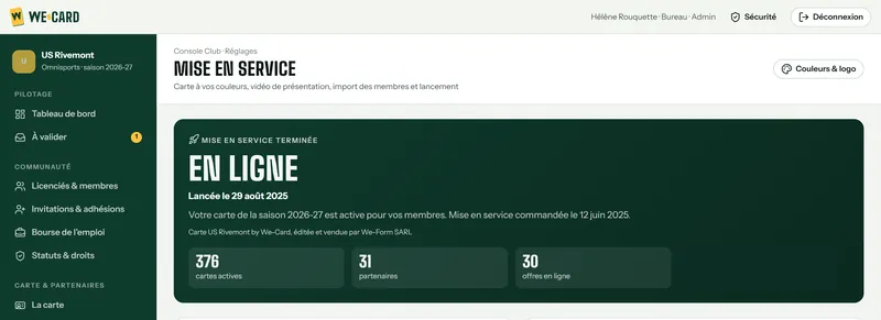 Console de l’US Rivemont, côté club : la mise en service terminée, carte en ligne, lancée le 29 août 2025 et commandée le 12 juin 2025, avec 376 cartes actives, 31 partenaires et 30 offres en ligne. Données de démonstration.