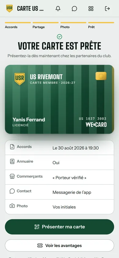 Appli de l’US Rivemont, côté membre : l’écran « Votre carte est prête », avec la carte de Yanis Ferrand, Licencié, aux couleurs de l’US Rivemont, ses choix (annuaire, commerçants, contact par la messagerie) et le bouton « Présenter ma carte ». Données de démonstration.