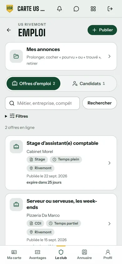 Appli de l’US Rivemont, côté membre : la bourse de l’emploi, 2 offres en ligne, dont « Stage d’assistant(e) comptable » du Cabinet Morel (stage, temps plein, Rivemont, publiée le 22 sept. 2026). Données de démonstration.