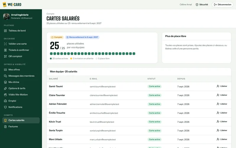 Espace partenaire d’Arnal Ingénierie, côté entreprise : la page Cartes salariés, avec 25 places utilisées sur 25, le renouvellement le 6 sept. 2027 et la liste de l’équipe, Samir Toumi en tête. Données de démonstration.