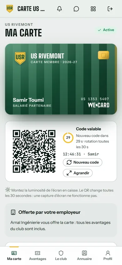 Appli de l’US Rivemont, côté membre : la carte de Samir Toumi, Salarié partenaire, avec son QR signé et l’encadré « Offerte par votre employeur : Arnal Ingénierie vous offre la carte ». Données de démonstration.