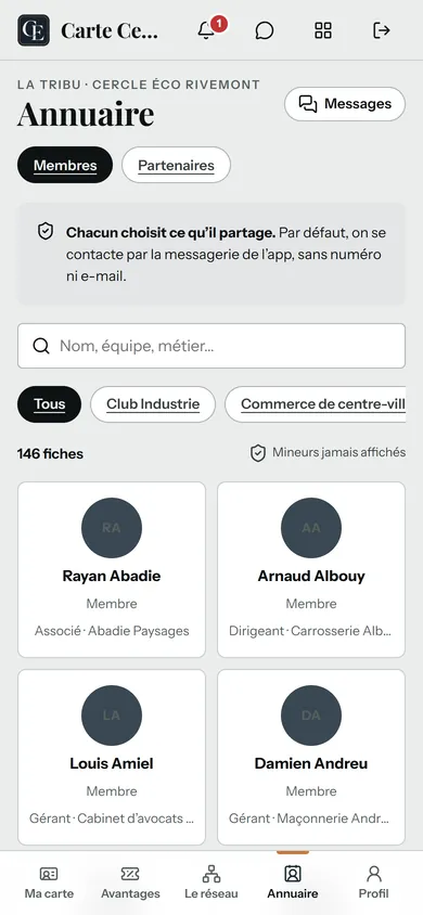 Appli du Cercle Éco Rivemont, côté réseau : l’annuaire aux couleurs du réseau, 146 fiches de chefs d’entreprise avec leur fonction et leur entreprise (Abadie Paysages, Carrosserie Albouy…), contact par la messagerie de l’appli. Données de démonstration.