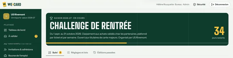 Console de l’US Rivemont, côté club : le challenge de rentrée en cours, du 1er septembre au 31 octobre 2026, classement aux achats validés chez les partenaires, plafonné par ticket et par semaine, ouvert aux titulaires majeurs de la carte, organisé par l’US Rivemont, 34 jours restants. Données de démonstration.