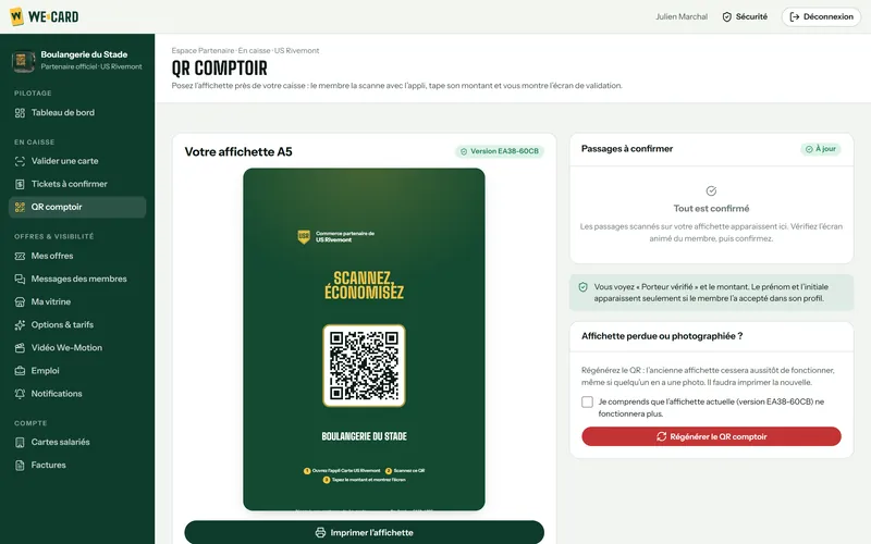 Espace partenaire de la Boulangerie du Stade, côté commerçant : la page QR comptoir, avec l’affichette A5 à imprimer, « Scannez, économisez », aux couleurs de l’US Rivemont. Données de démonstration.