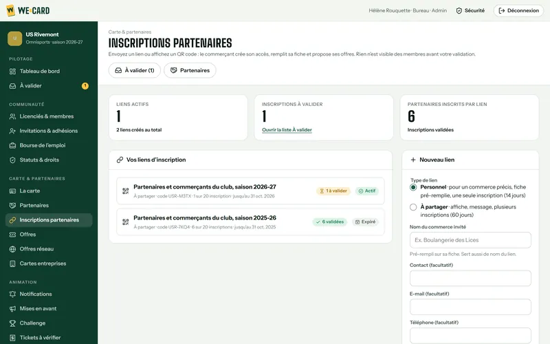 Console de l’US Rivemont, côté club : la page Inscriptions partenaires, avec les liens d’inscription des partenaires et commerçants du club, USR-M3TX pour la saison 2026-27 (1 inscription à valider) et USR-7KQ4 pour la saison 2025-26 (6 inscriptions validées). Données de démonstration.