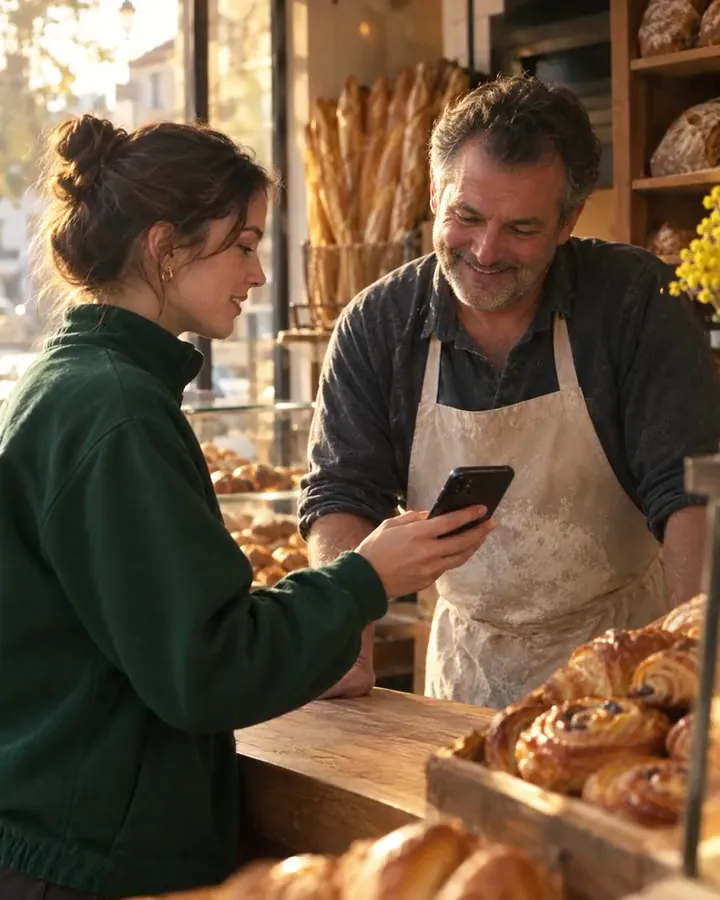 Au comptoir d’une boulangerie partenaire du club, une licenciée montre sa carte sur son téléphone au boulanger. Images créées par IA.