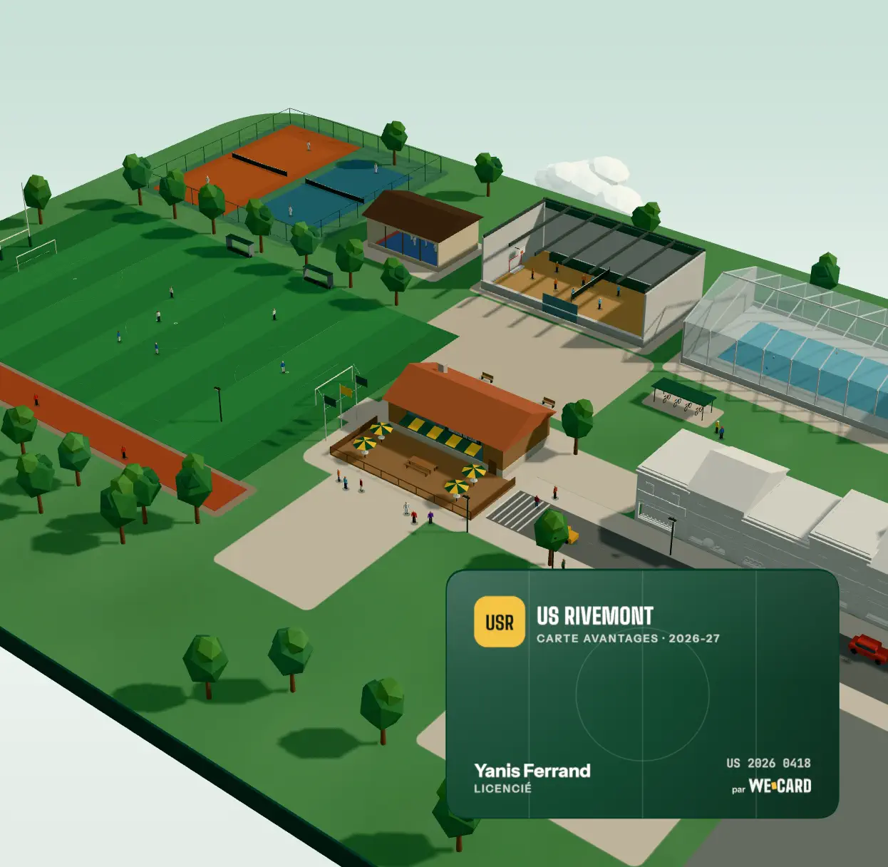 Maquette 3D d’un club omnisports : terrain, gymnase, piscine, courts de tennis, maison du club et boutiques des partenaires et commerçants du club. Au premier plan, la carte avantages de l’US Rivemont.